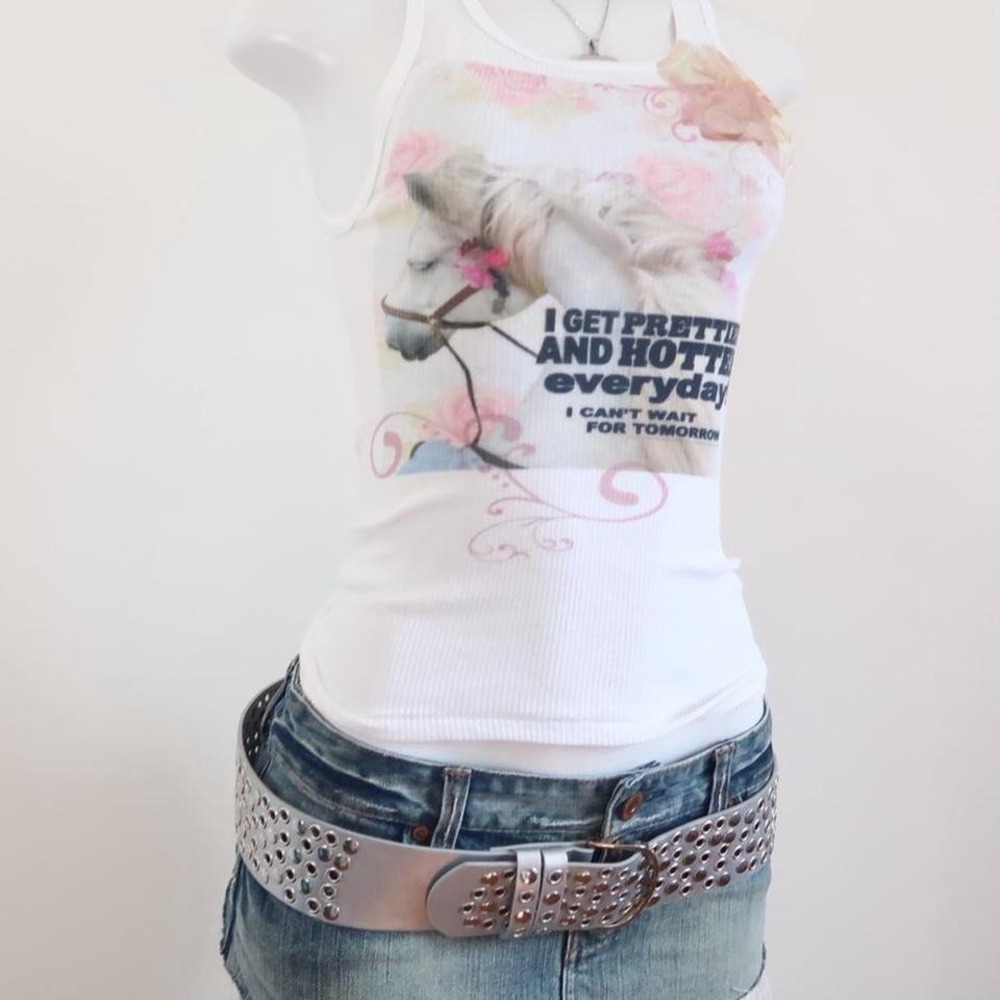 y2k horse graphic ribbed tank top fitted cami slogan - Picture 3 of 7